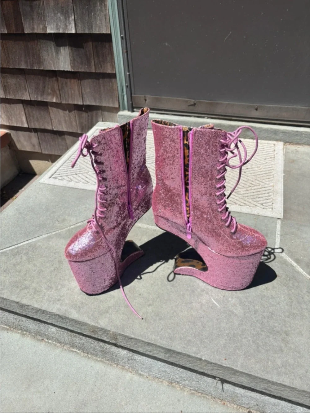 Bettie Page Pink Glitter Cutout Platform Lace-Up Boots